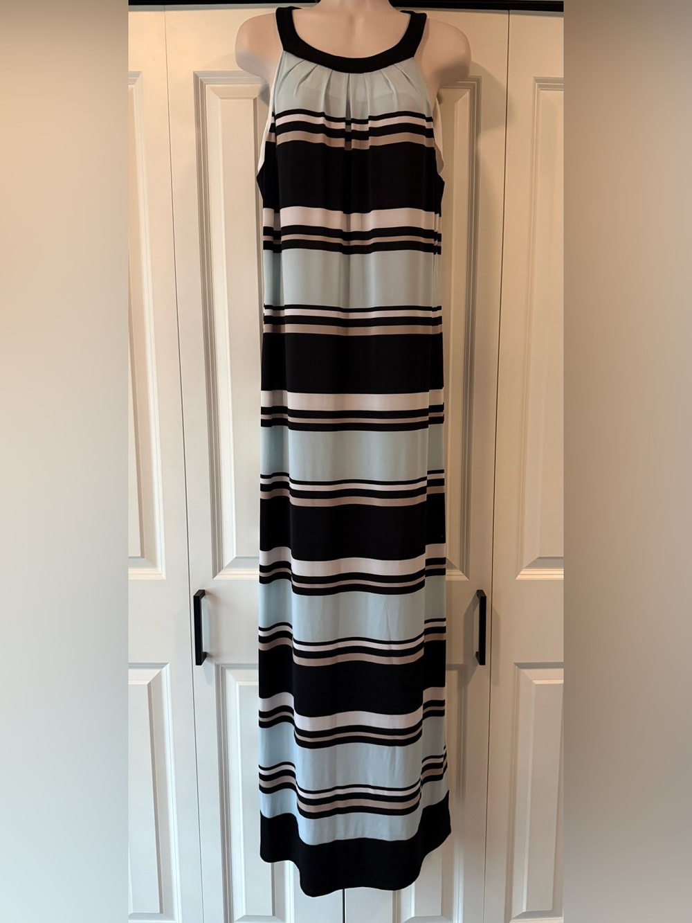 Chaps striped long maxi dress xl black brown teal ivory
